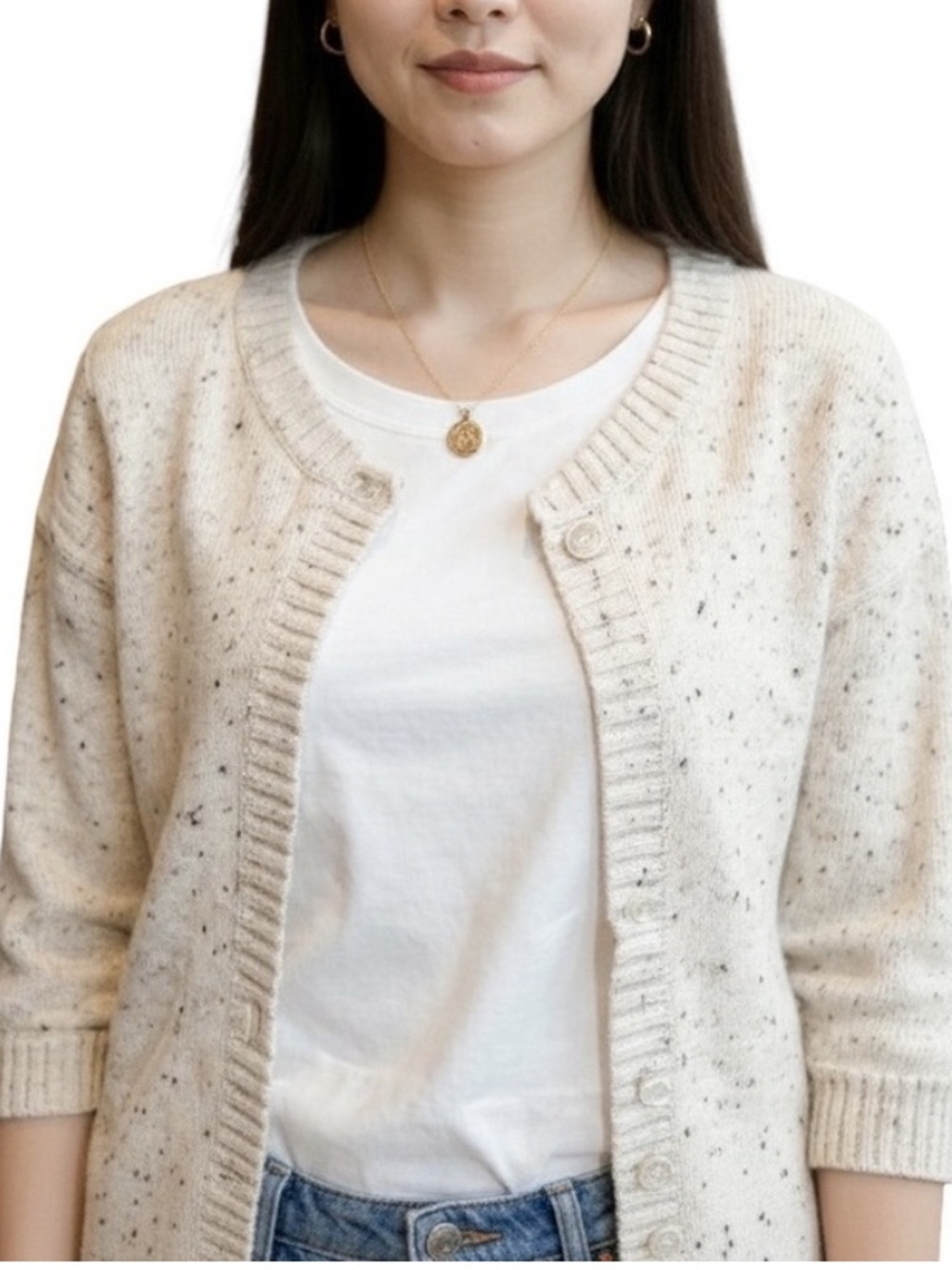 Rubish Cream Speckled Cardigan Soft Knit Button Front 3/4 Sleeve Women’s small